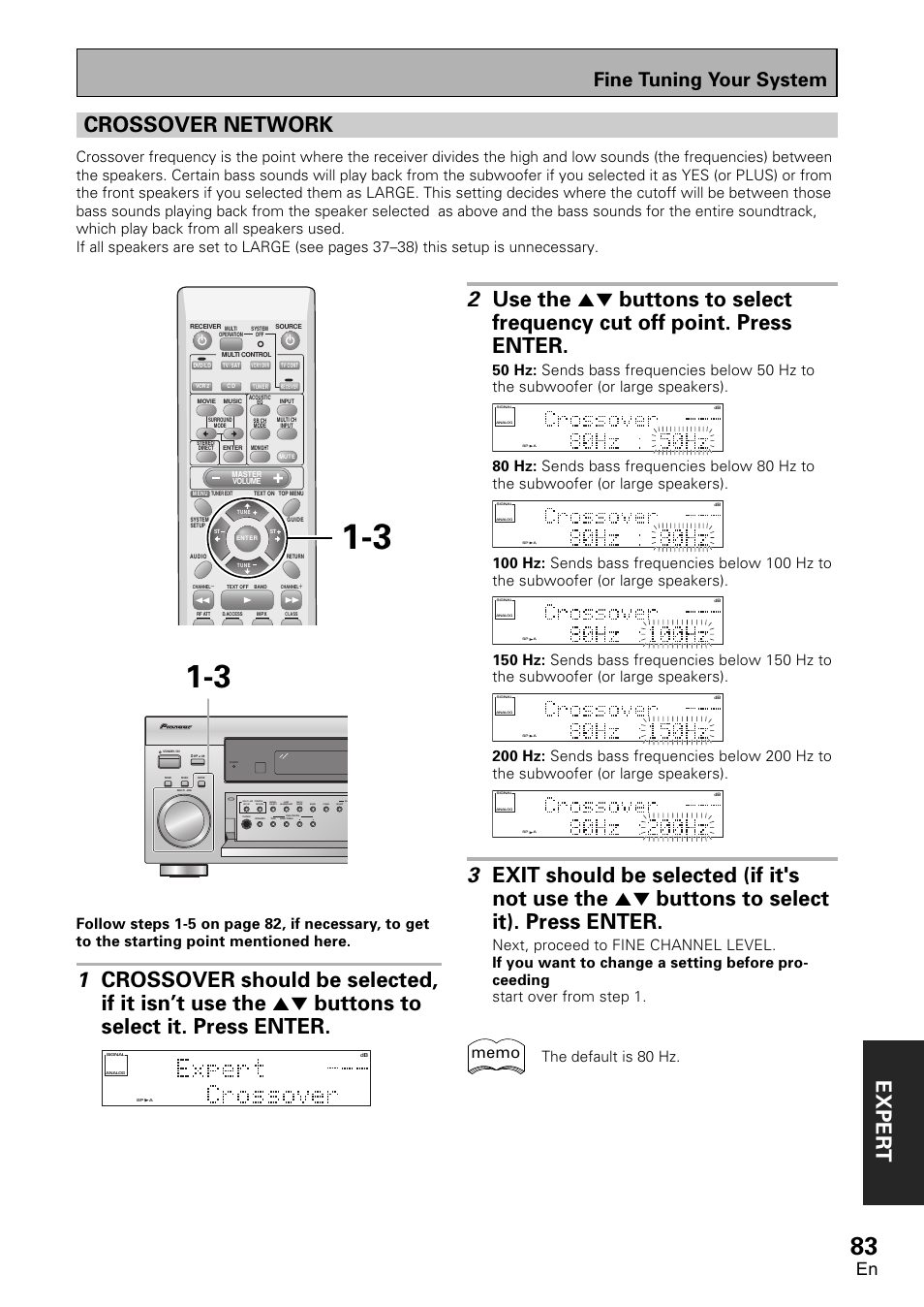 Crossover network, Exper t, Fine tuning your system | The default is 80 hz | Pioneer VSX-D1011-S User Manual | Page 83 / 108