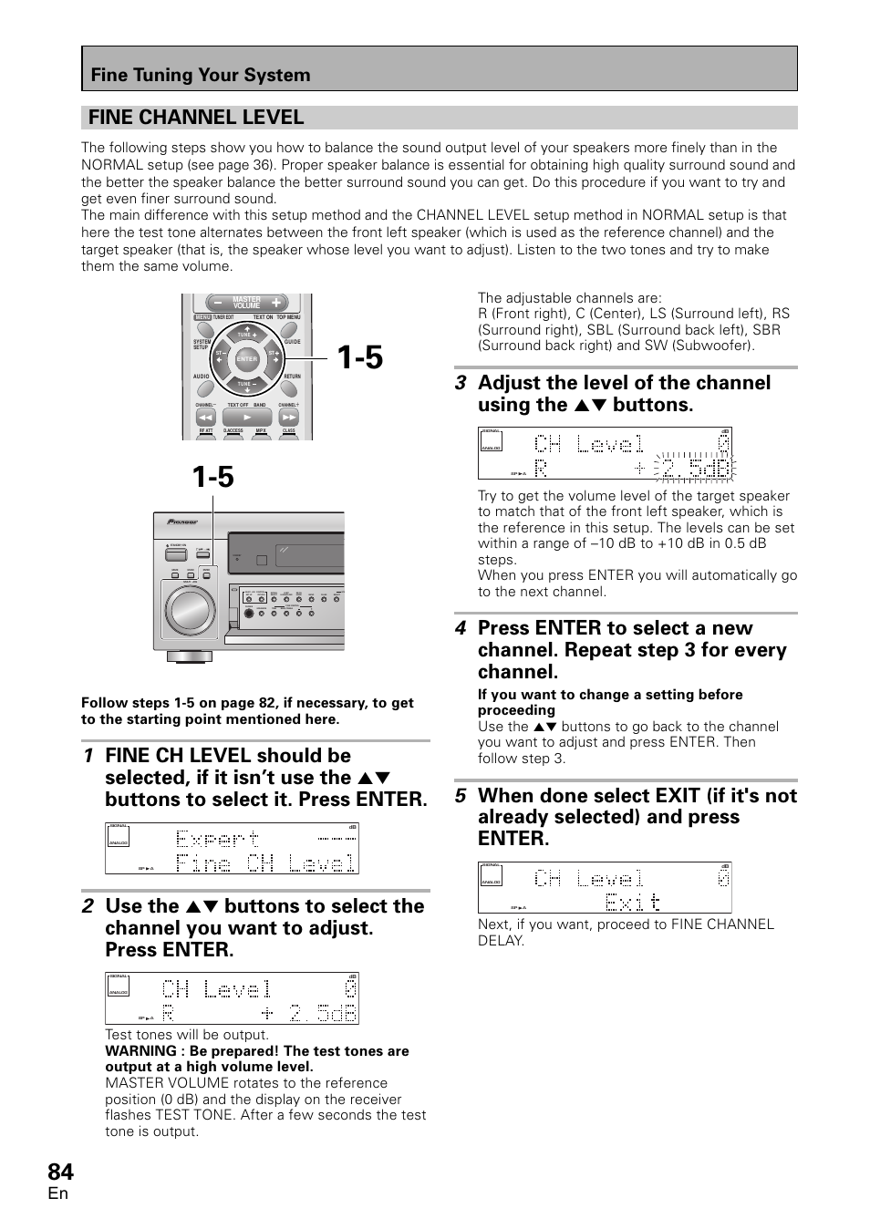 Fine channel level, Fine tuning your system, Next, if you want, proceed to fine channel delay | Pioneer VSX-D1011-S User Manual | Page 84 / 108