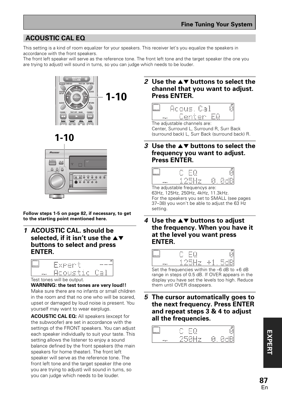 Acoustic cal eq, Exper t, Fine tuning your system | Test tones will be output | Pioneer VSX-D1011-S User Manual | Page 87 / 108