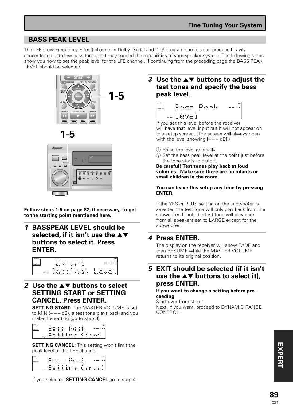 Bass peak level, Exper t, 4 press enter | Fine tuning your system, If you selected setting cancel go to step 4 | Pioneer VSX-D1011-S User Manual | Page 89 / 108