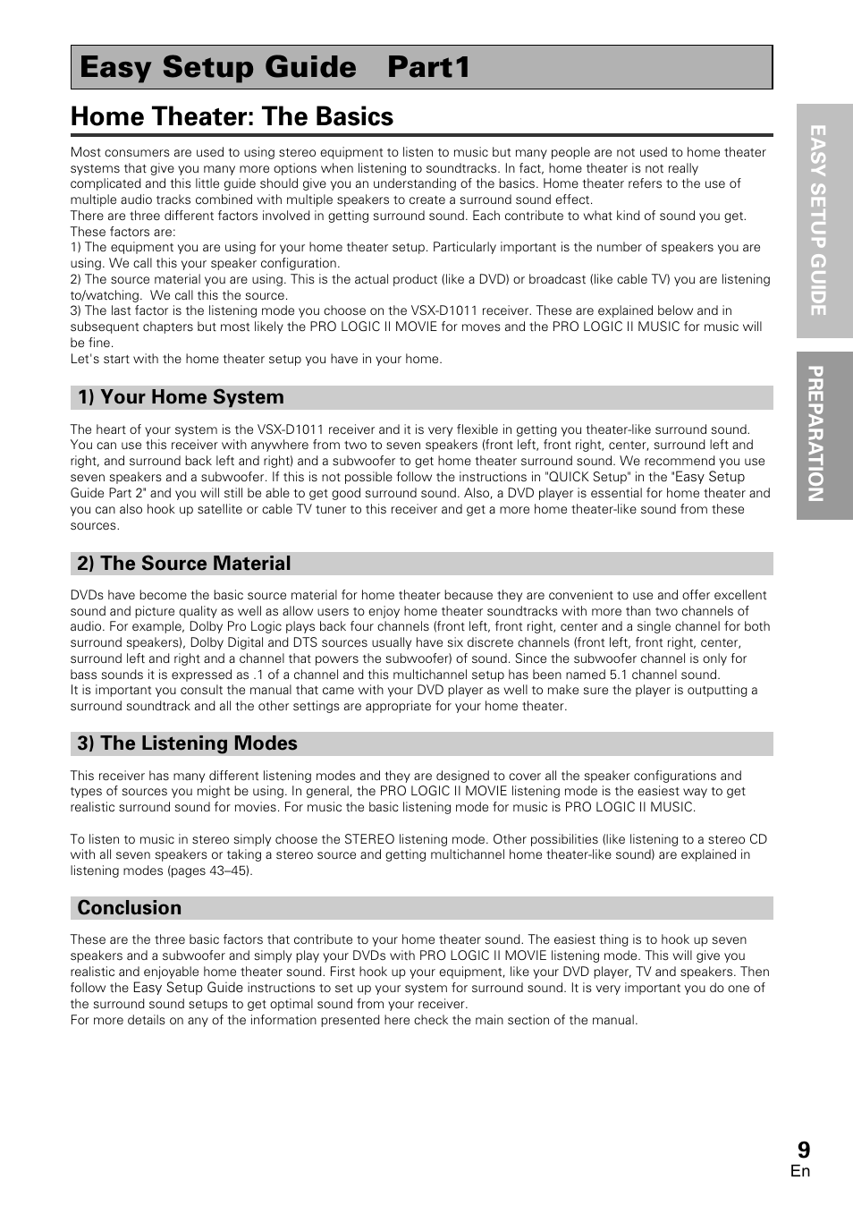 Easy setup guide part 1, Home theater: the basics, 1) your home system | 2) the source material, 3) the listening modes conclusion, Easy setup guide part1 | Pioneer VSX-D1011-S User Manual | Page 9 / 108