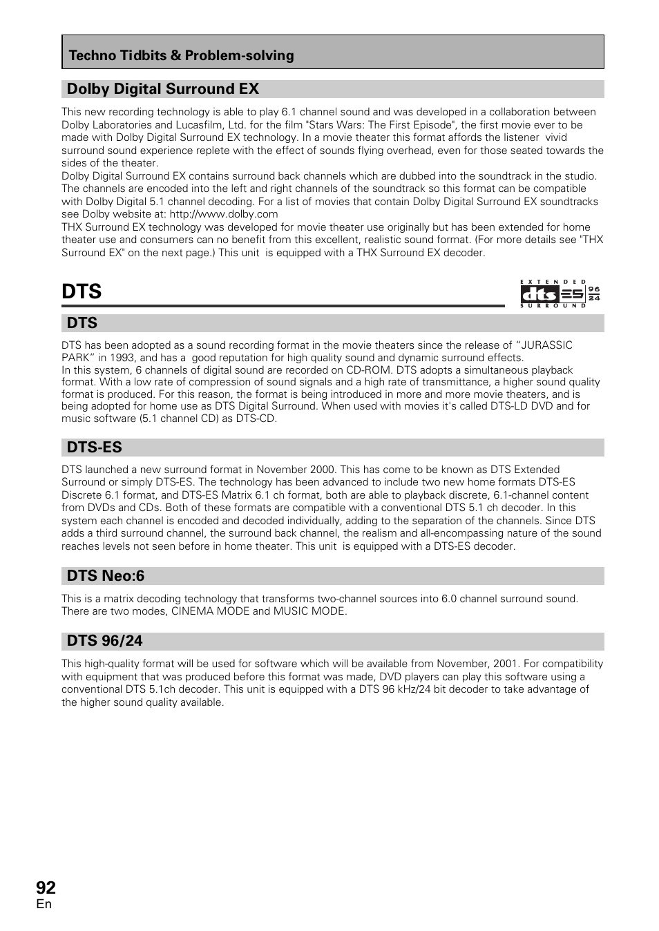 Dolby digital surround ex, Dts-es dts neo:6, Dts 96/24 | Pioneer VSX-D1011-S User Manual | Page 92 / 108