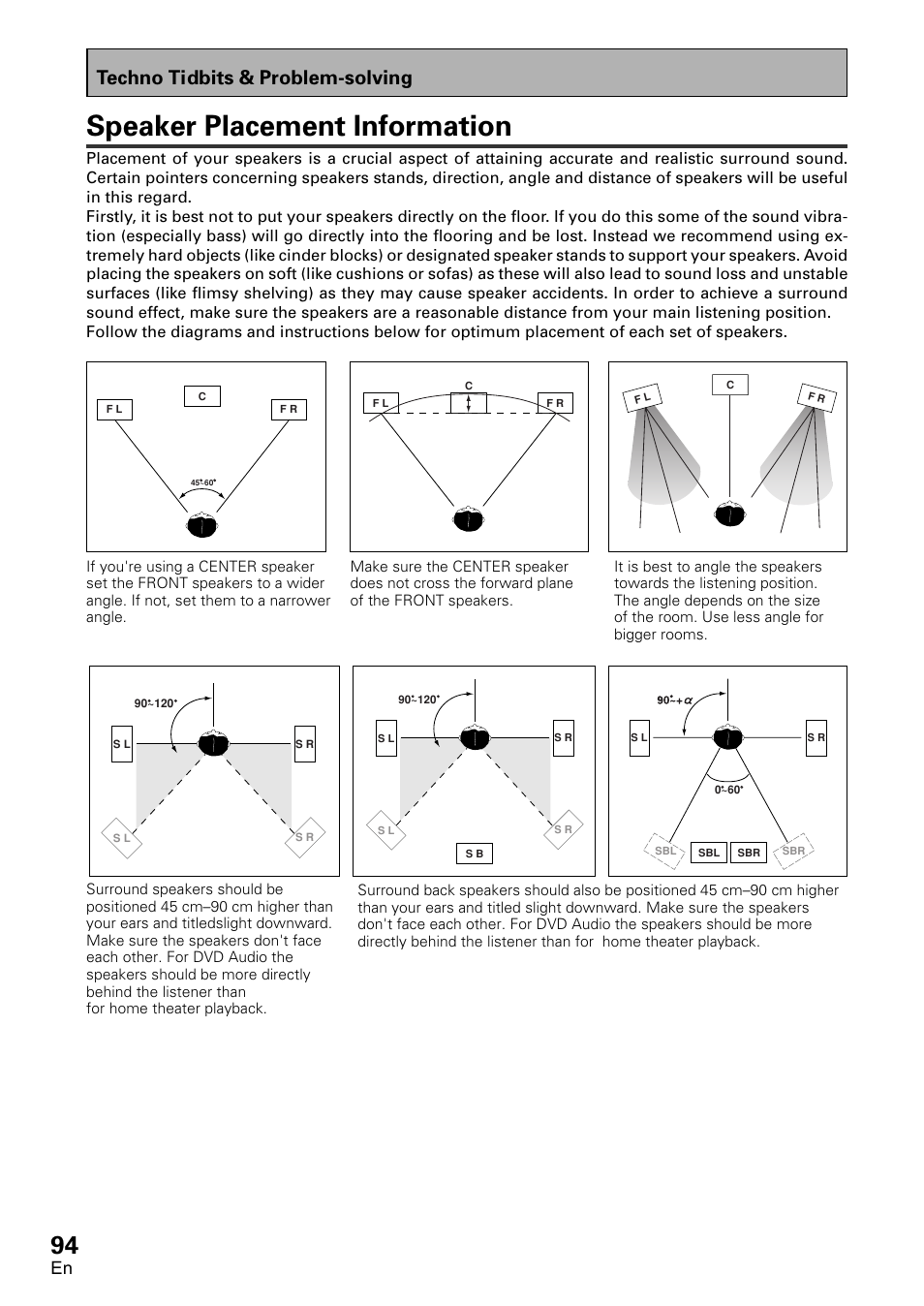 Speaker placement information, Techno tidbits & problem-solving | Pioneer VSX-D1011-S User Manual | Page 94 / 108