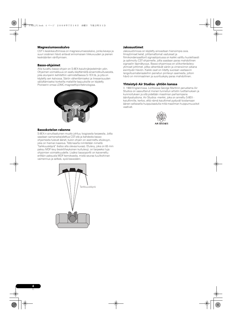 Magnesiumseoskalvo, Basso-ohjaimet, Bassokotelon rakenne | Jakosuotimet, Yhteistyö air studios -yhtiön kanssa | Pioneer S-8EX-W User Manual | Page 106 / 134