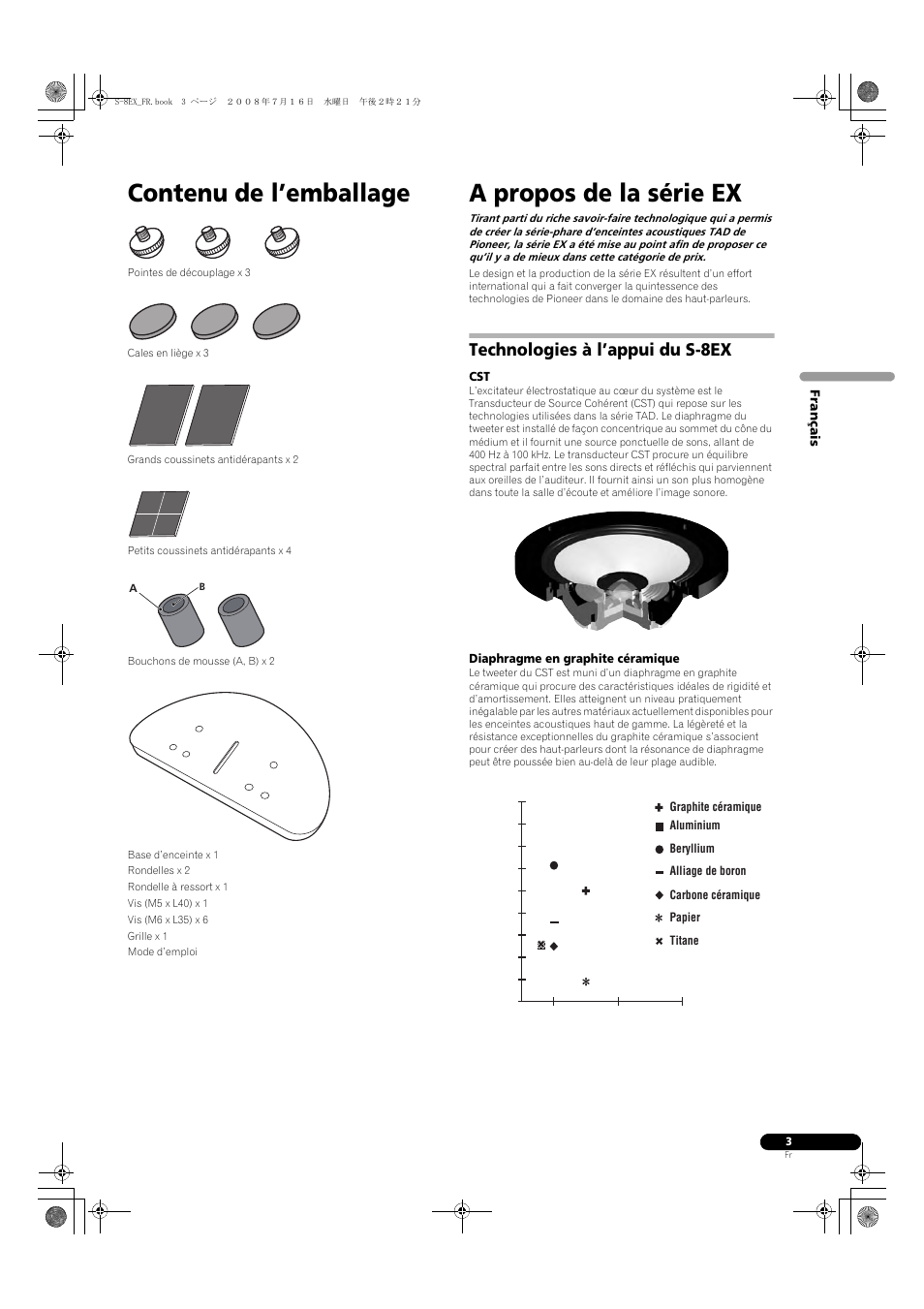 Technologies à l’appui du s-8ex, Diaphragme en graphite céramique, Contenu de l’emballage | A propos de la série ex | Pioneer S-8EX-W User Manual | Page 15 / 134