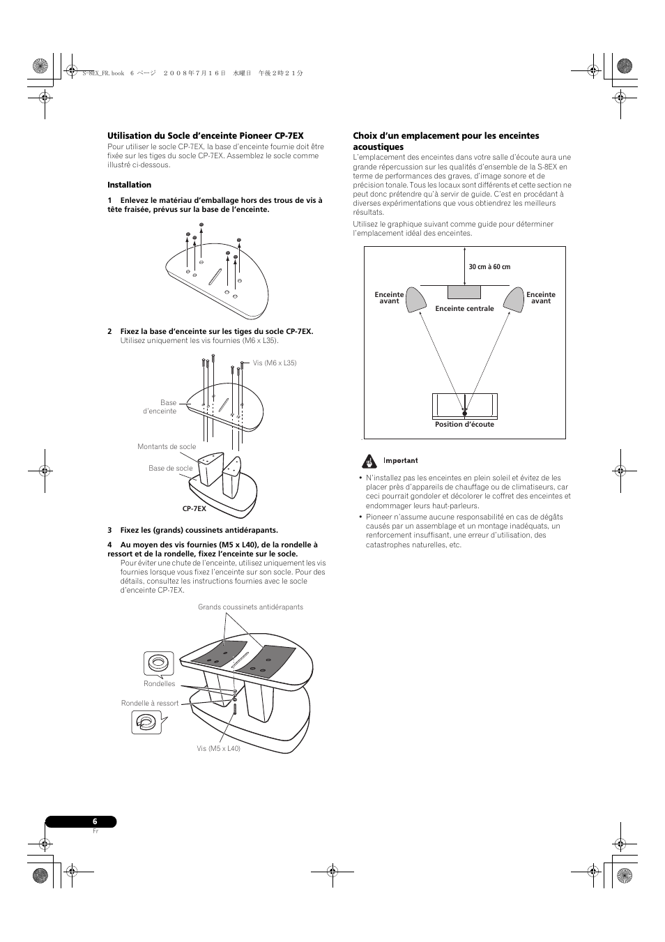 Utilisation du socle d’enceinte pioneer cp-7ex | Pioneer S-8EX-W User Manual | Page 18 / 134