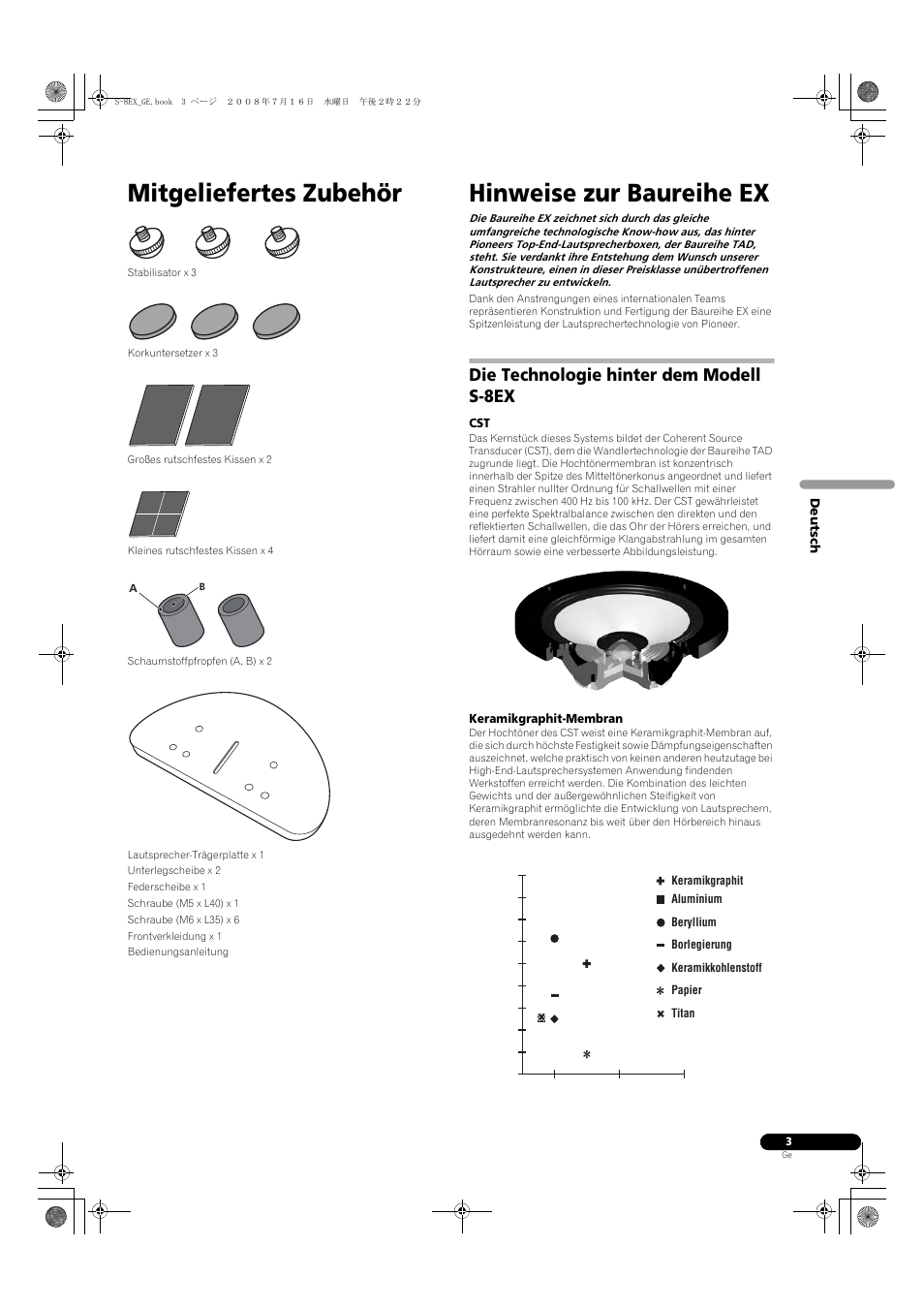 Die technologie hinter dem modell s-8ex, Keramikgraphit-membran, Mitgeliefertes zubehör | Hinweise zur baureihe ex | Pioneer S-8EX-W User Manual | Page 25 / 134