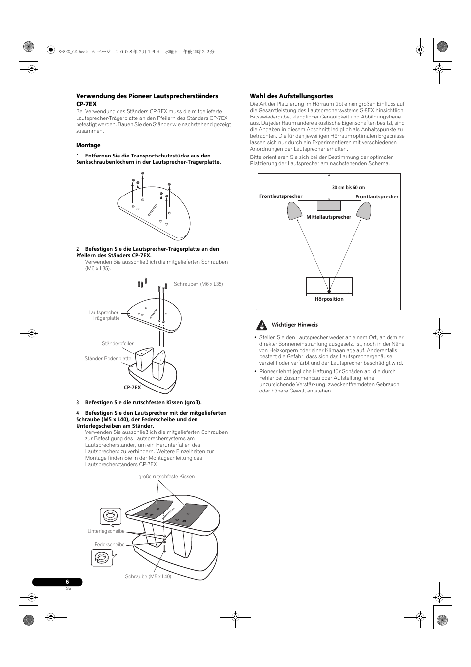 Verwendung des pioneer lautsprecherständers cp-7ex, Wahl des aufstellungsortes | Pioneer S-8EX-W User Manual | Page 28 / 134