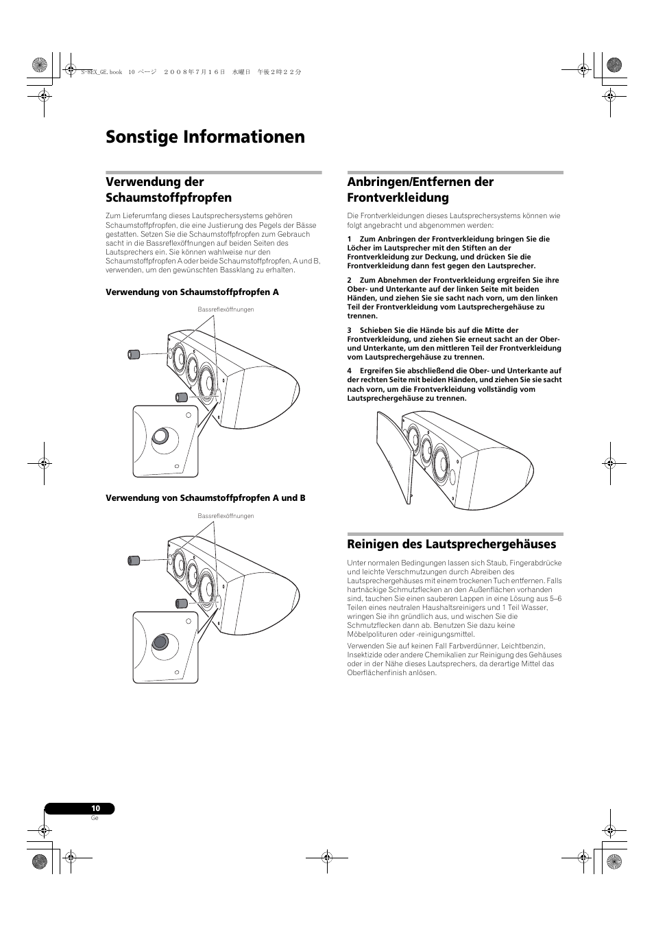 Verwendung der schaumstoffpfropfen, Verwendung von schaumstoffpfropfen a, Verwendung von schaumstoffpfropfen a und b | Anbringen/entfernen der frontverkleidung, Reinigen des lautsprechergehäuses, Sonstige informationen | Pioneer S-8EX-W User Manual | Page 32 / 134