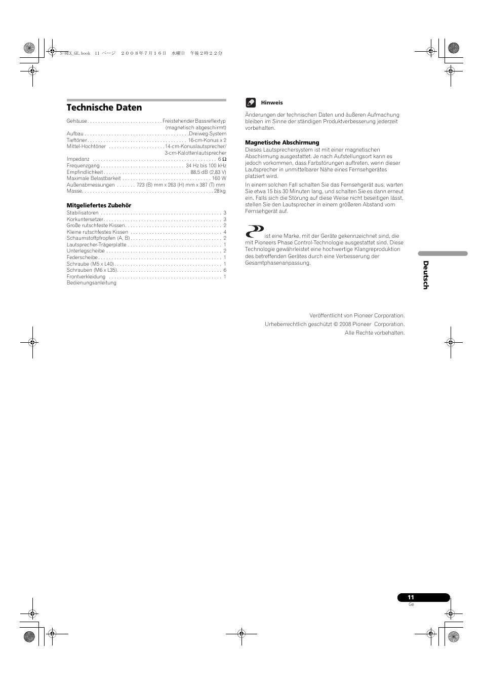 Technische daten | Pioneer S-8EX-W User Manual | Page 33 / 134