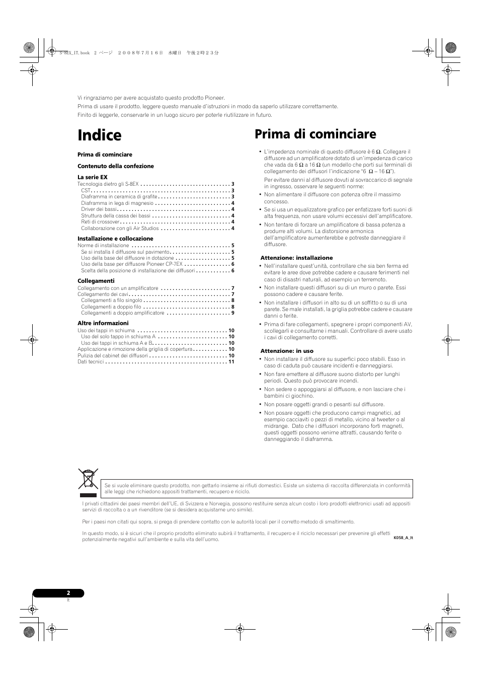 Indice, Prima di cominciare | Pioneer S-8EX-W User Manual | Page 34 / 134