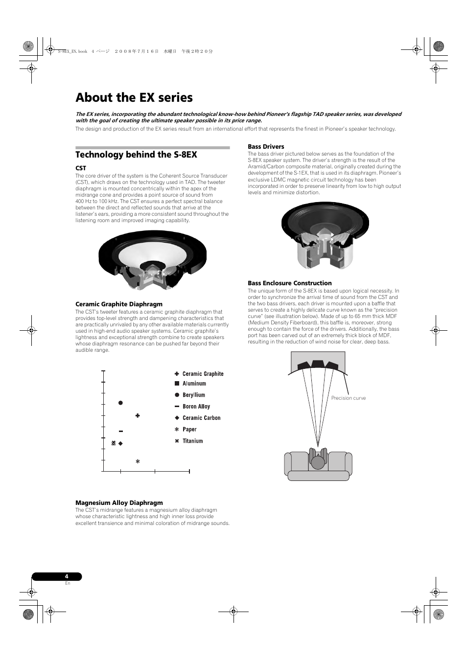 Technology behind the s-8ex, Ceramic graphite diaphragm, Magnesium alloy diaphragm | Bass drivers, Bass enclosure construction, About the ex series | Pioneer S-8EX-W User Manual | Page 4 / 134