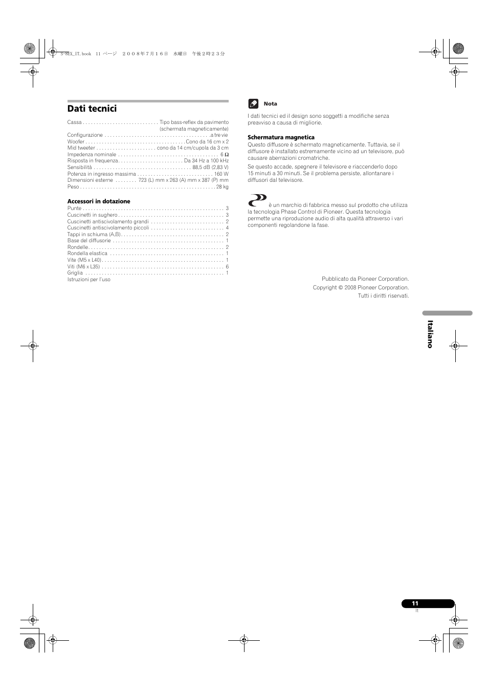 Dati tecnici | Pioneer S-8EX-W User Manual | Page 43 / 134