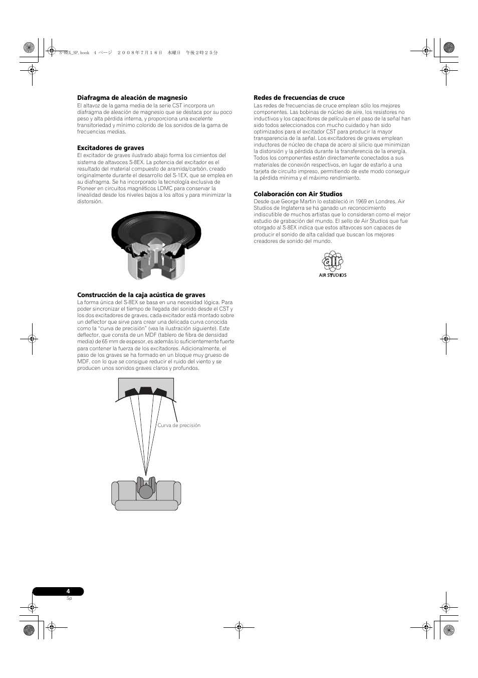 Diafragma de aleación de magnesio, Excitadores de graves, Construcción de la caja acústica de graves | Redes de frecuencias de cruce, Colaboración con air studios | Pioneer S-8EX-W User Manual | Page 56 / 134