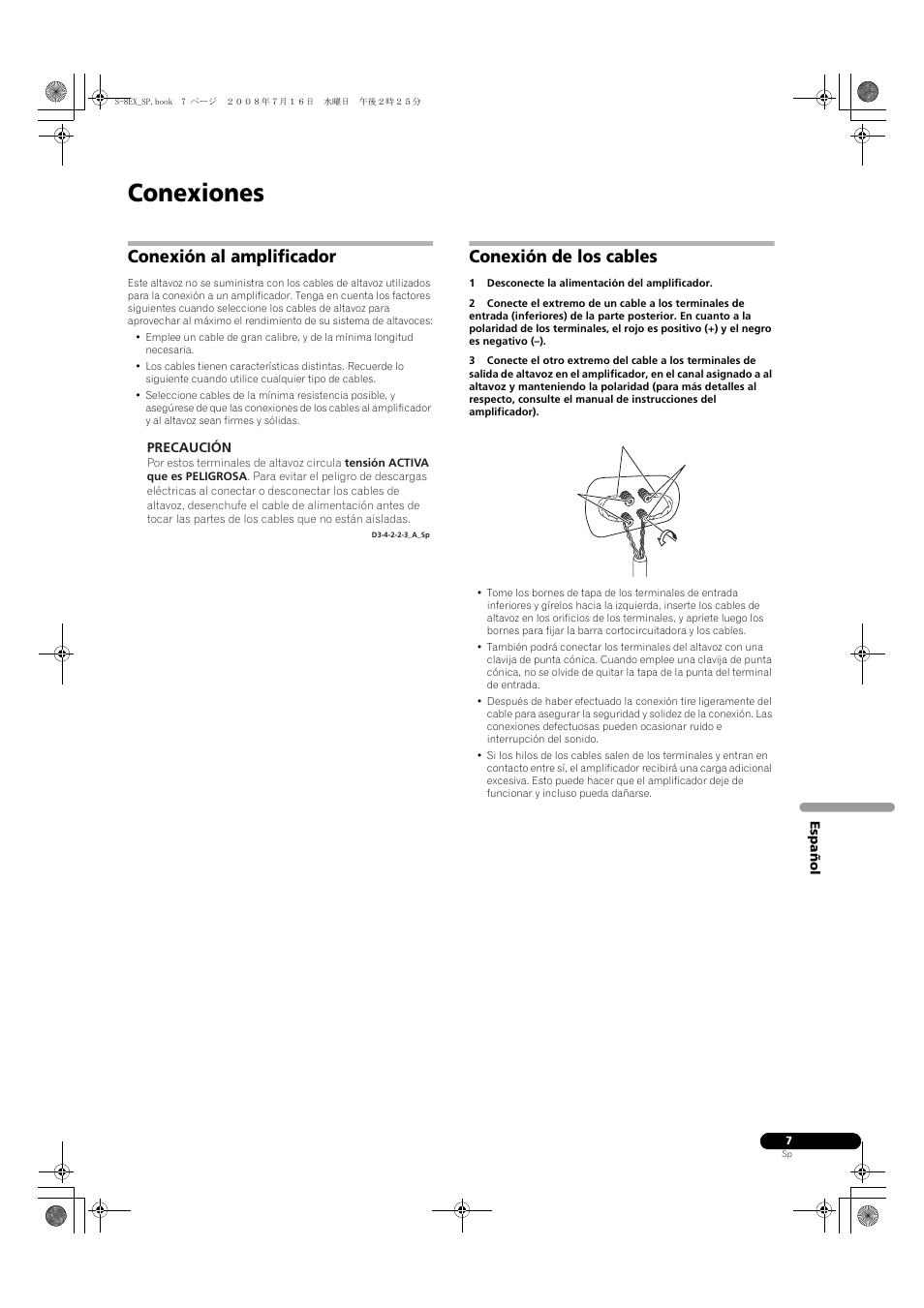 Conexión al amplificador, Conexión de los cables, Conexiones | Pioneer S-8EX-W User Manual | Page 59 / 134