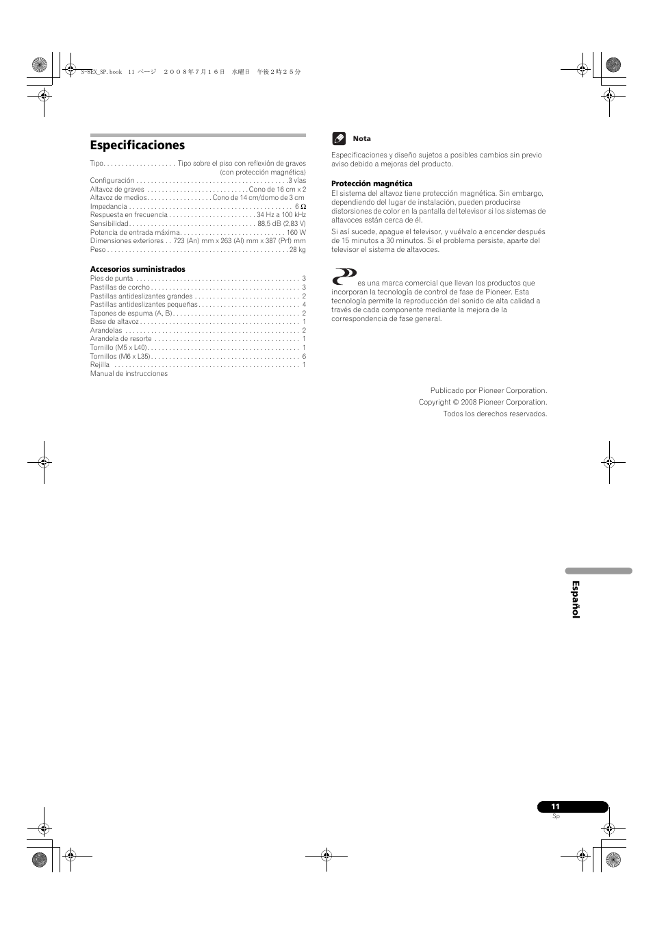 Especificaciones | Pioneer S-8EX-W User Manual | Page 63 / 134