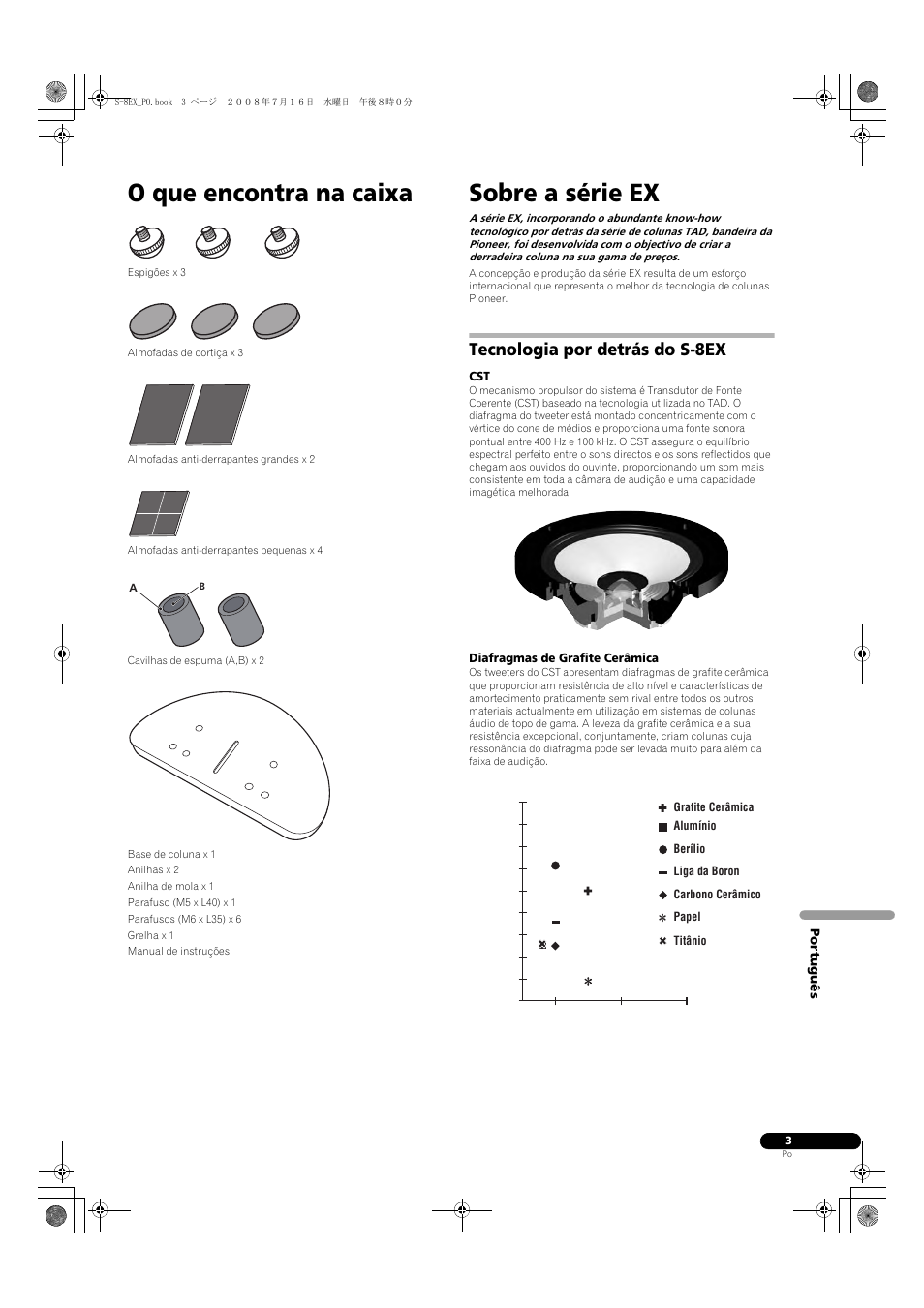 Tecnologia por detrás do s-8ex, Diafragmas de grafite cerâmica, O que encontra na caixa | Sobre a série ex | Pioneer S-8EX-W User Manual | Page 65 / 134