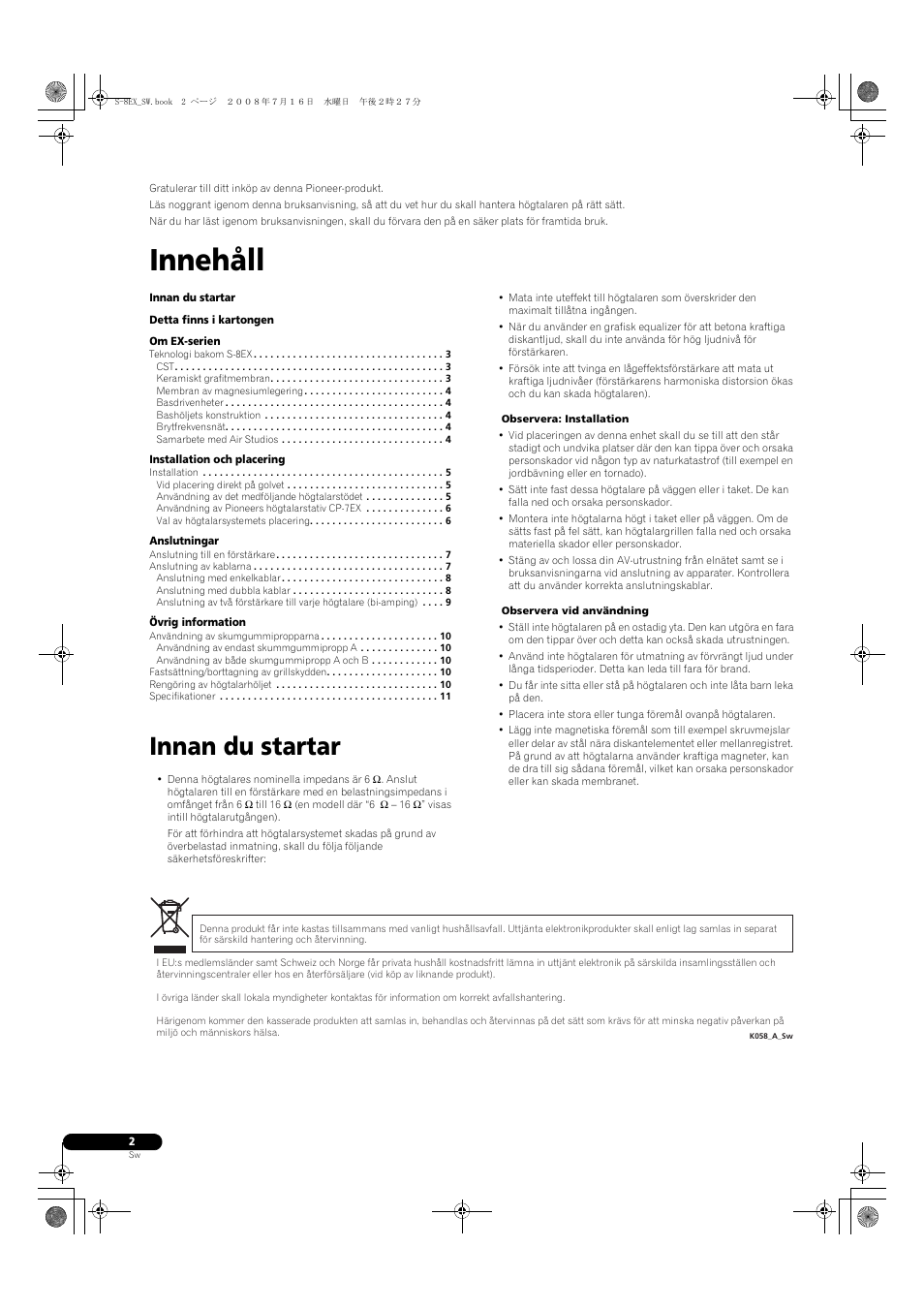 Innehåll, Innan du startar | Pioneer S-8EX-W User Manual | Page 74 / 134