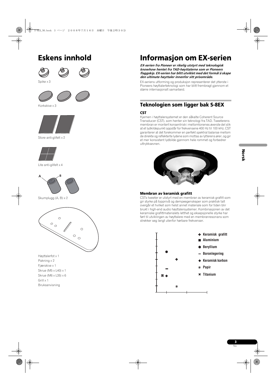 Teknologien som ligger bak s-8ex, Membran av keramisk grafitt, Eskens innhold | Informasjon om ex-serien | Pioneer S-8EX-W User Manual | Page 95 / 134