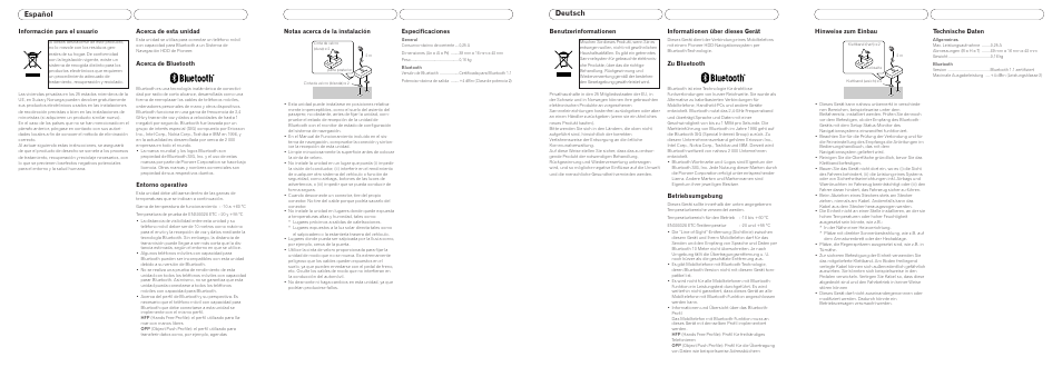 Español deutsch, Información para el usuario, Acerca de esta unidad | Acerca de bluetooth, Entorno operativo, Notas acerca de la instalación, Especificaciones, Benutzerinformationen, Informationen über dieses gerät, Zu bluetooth | Pioneer ND-BT1 User Manual | Page 2 / 4