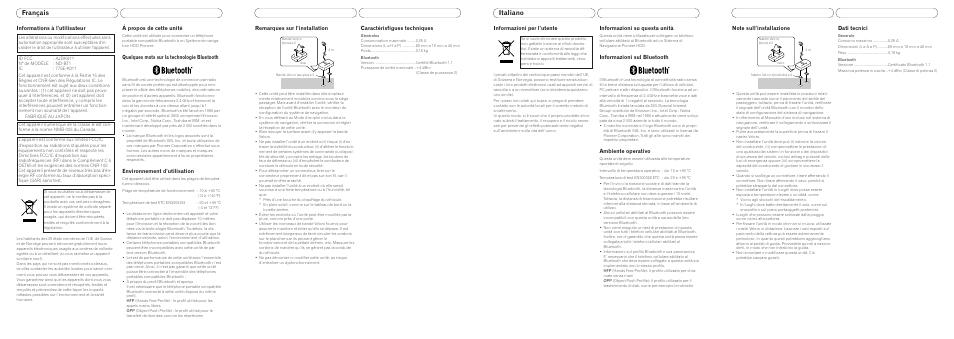 Italiano, Français, Informazioni per l’utente | Informazioni su questa unità, Informazioni sul bluetooth, Ambiente operativo, Informations à l’utilisateur, Á propos de cette unité, Quelques mots sur la technologie bluetooth, Environnement d’utilisation | Pioneer ND-BT1 User Manual | Page 3 / 4