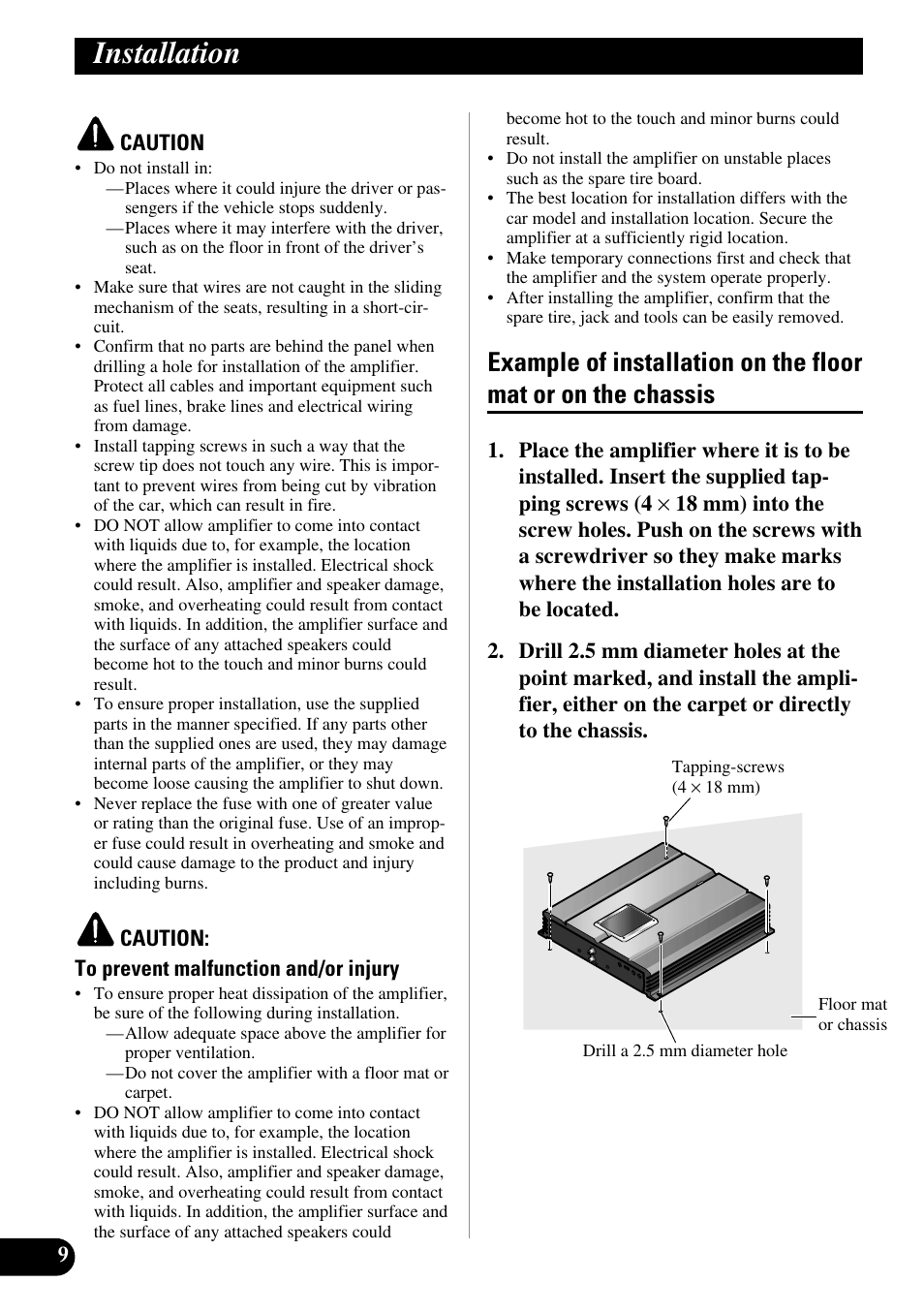 Installation, Example of installation on the floor mat, Or on the chassis | Pioneer PRS-A500 User Manual | Page 10 / 62