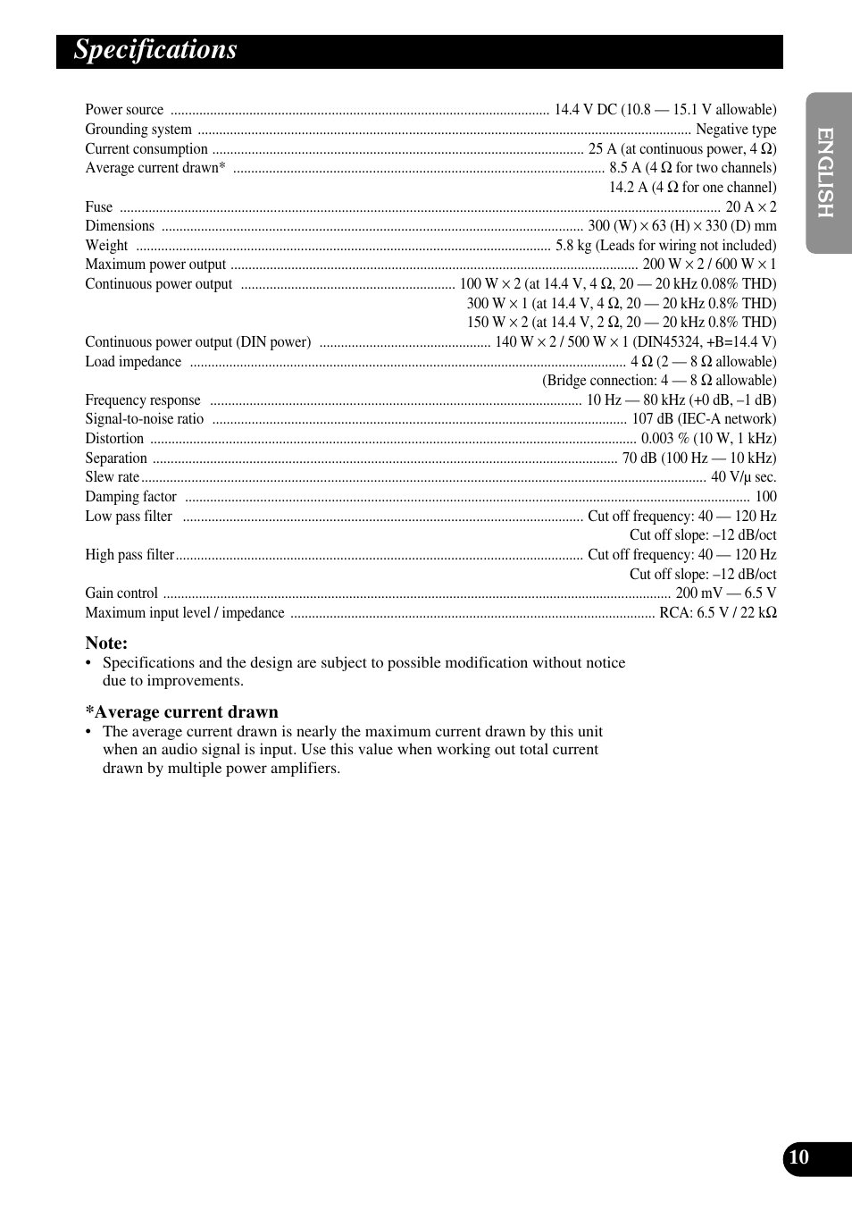 Specifications | Pioneer PRS-A500 User Manual | Page 11 / 62