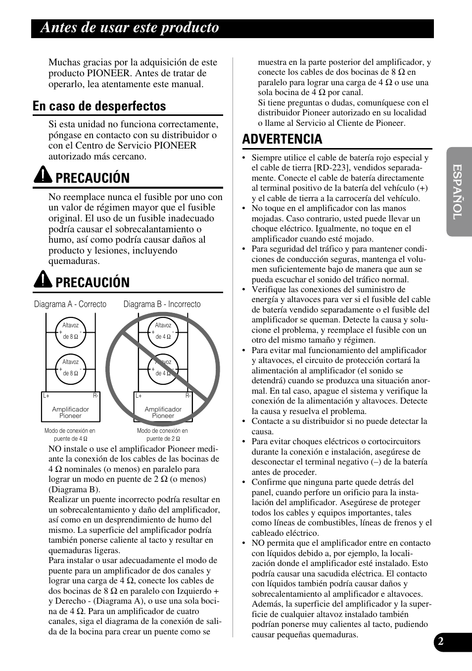 Antes de usar este producto, En caso de desperfectos, Precaución | Advertencia | Pioneer PRS-A500 User Manual | Page 13 / 62