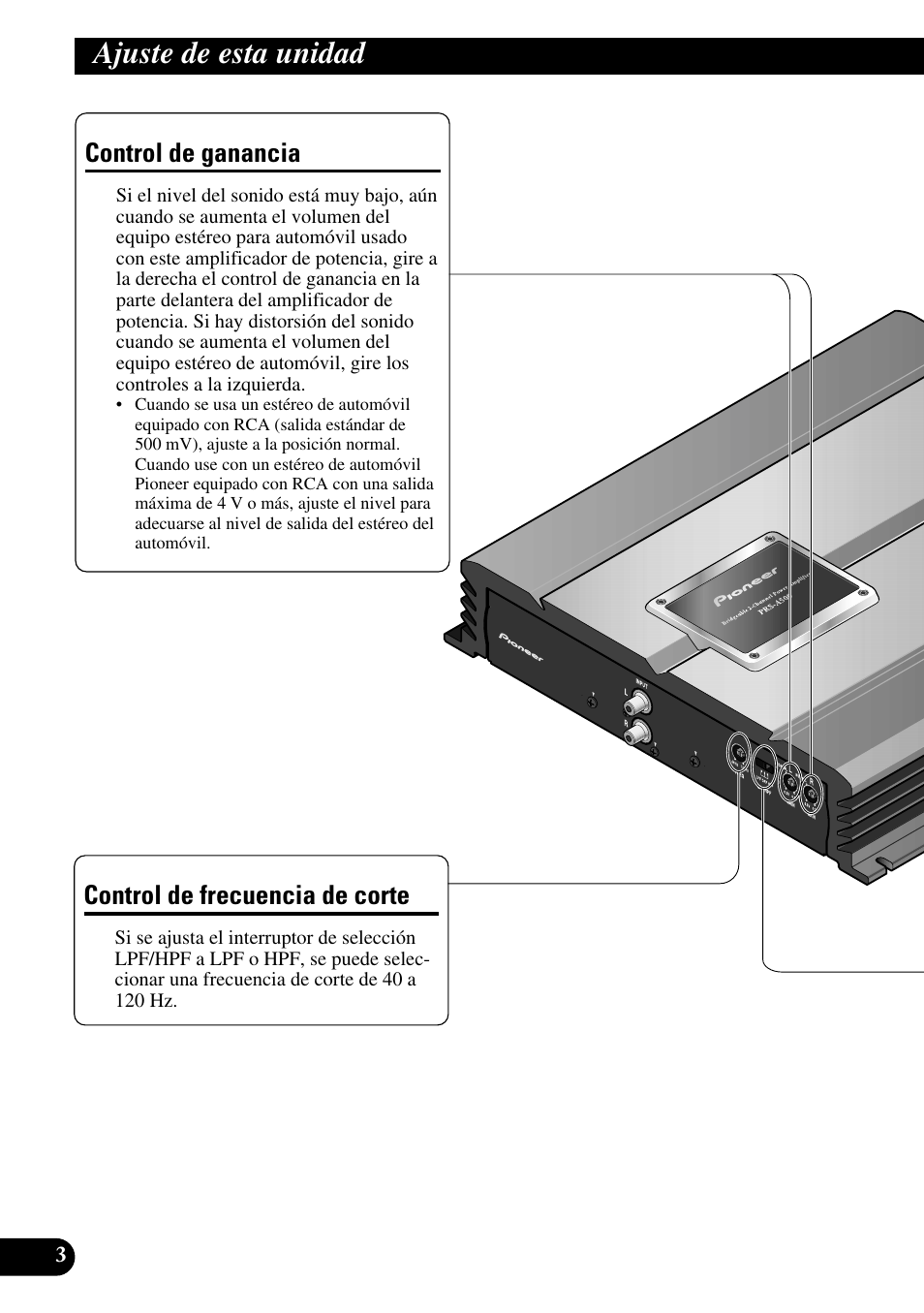 Ajuste de esta unidad, Control de ganancia control de frecuencia de corte, Control de ganancia | Control de frecuencia de corte | Pioneer PRS-A500 User Manual | Page 14 / 62