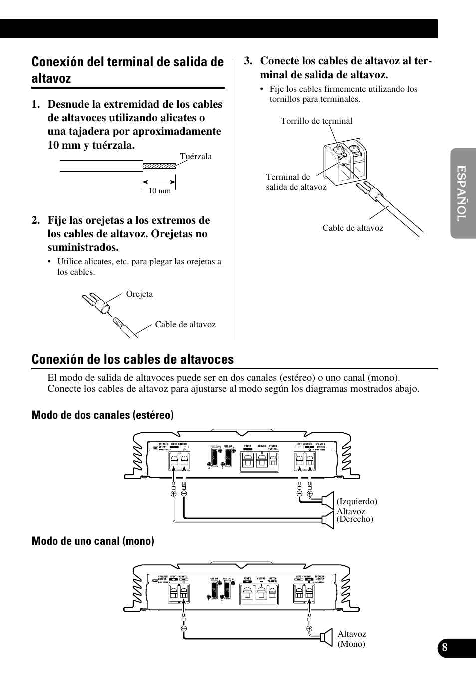 Conexión del terminal de salida de altavoz, Conexión de los cables de altavoces | Pioneer PRS-A500 User Manual | Page 19 / 62