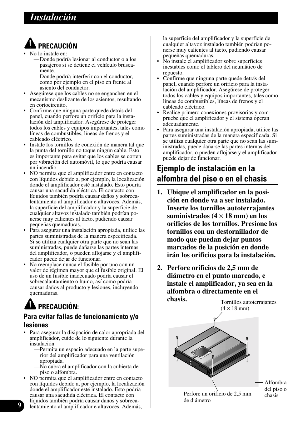 Instalación, Ejemplo de instalación en la alfombra, Del piso o en el chasis | Pioneer PRS-A500 User Manual | Page 20 / 62