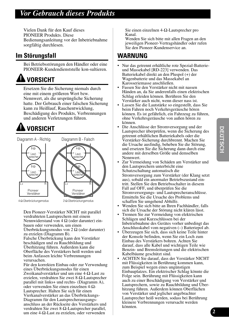 Vor gebrauch dieses produkts, Im störungsfall vorsicht vorsicht warnung, Im störungsfall | Vorsicht, Warnung | Pioneer PRS-A500 User Manual | Page 23 / 62