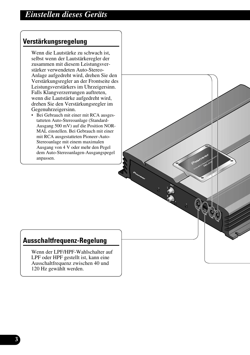 Einstellen dieses geräts, Verstärkungsregelung ausschaltfrequenz-regelung, Verstärkungsregelung | Ausschaltfrequenz-regelung | Pioneer PRS-A500 User Manual | Page 24 / 62