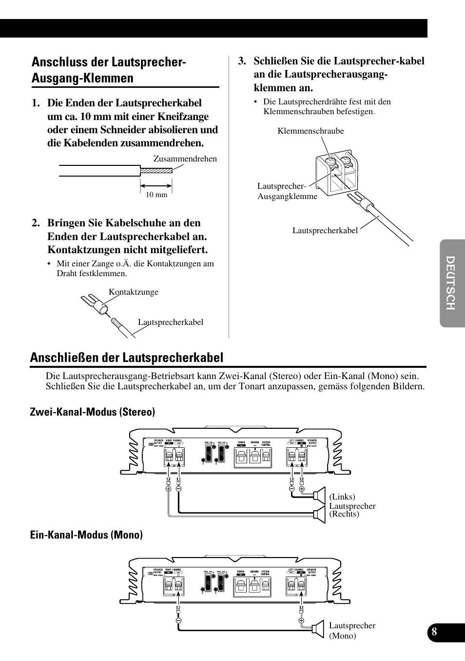 Anschluss der lautsprecher-ausgang, Klemmen, Anschließen der lautsprecherkabel | Anschluss der lautsprecher- ausgang-klemmen | Pioneer PRS-A500 User Manual | Page 29 / 62