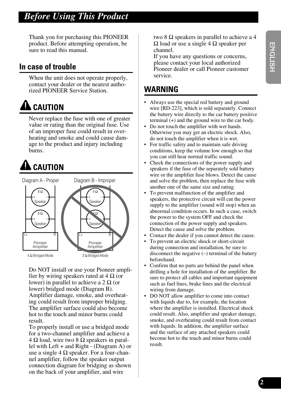 Before using this product, In case of trouble caution caution warning, Caution | Warning | Pioneer PRS-A500 User Manual | Page 3 / 62