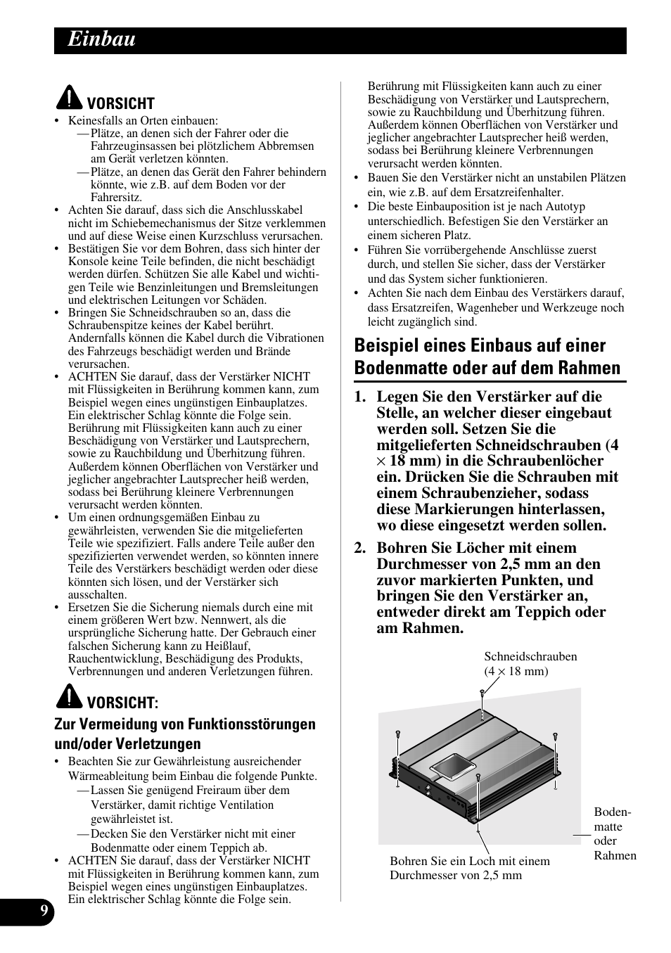 Einbau, Beispiel eines einbaus auf einer, Bodenmatte oder auf dem rahmen | Pioneer PRS-A500 User Manual | Page 30 / 62