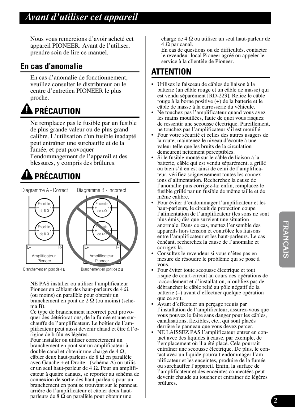 Avant d’utiliser cet appareil, En cas d’anomalie précaution précaution attention, En cas d’anomalie | Précaution, Attention | Pioneer PRS-A500 User Manual | Page 33 / 62