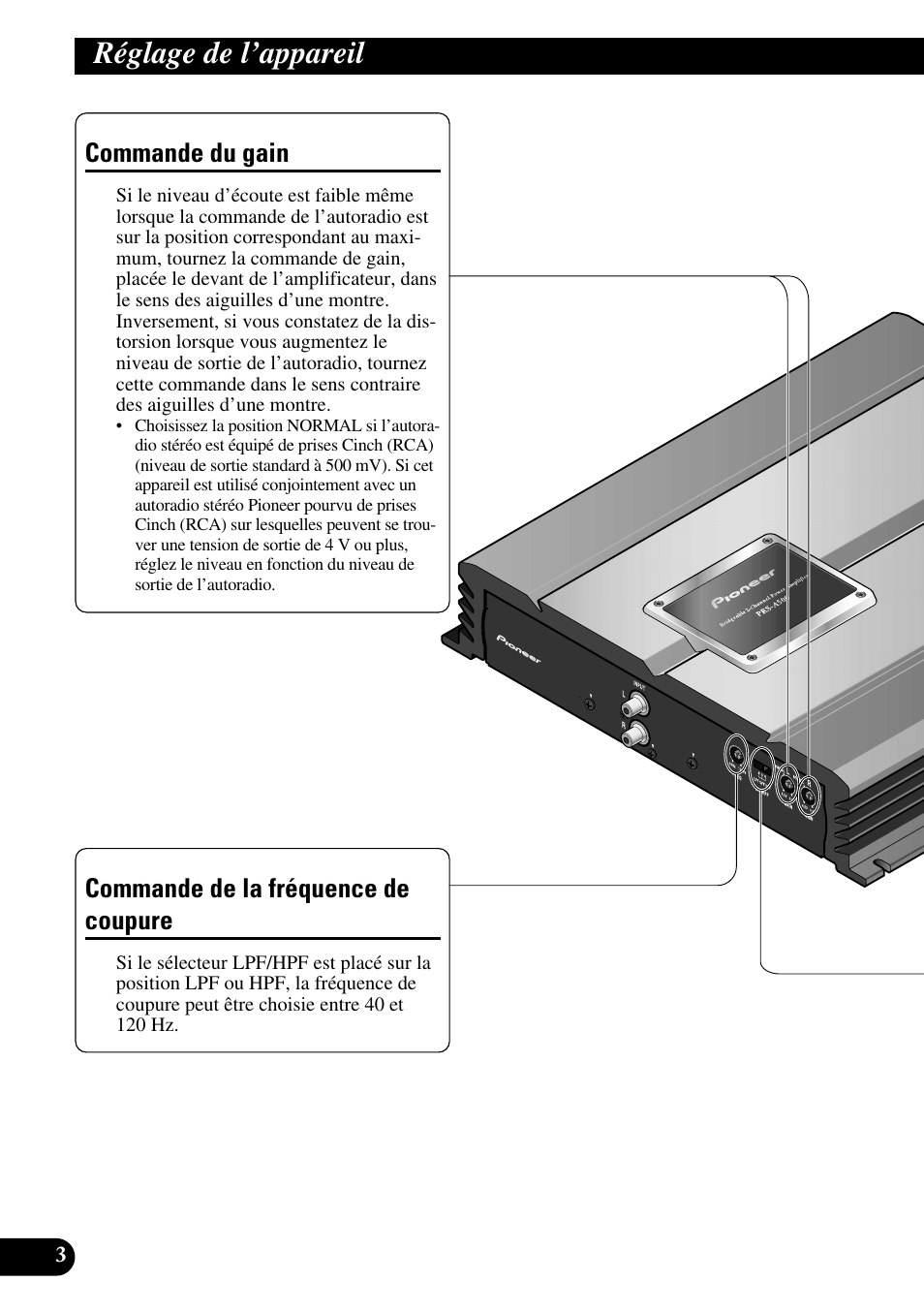 Réglage de l’appareil, Commande du gain, Commande de la fréquence de coupure | Pioneer PRS-A500 User Manual | Page 34 / 62