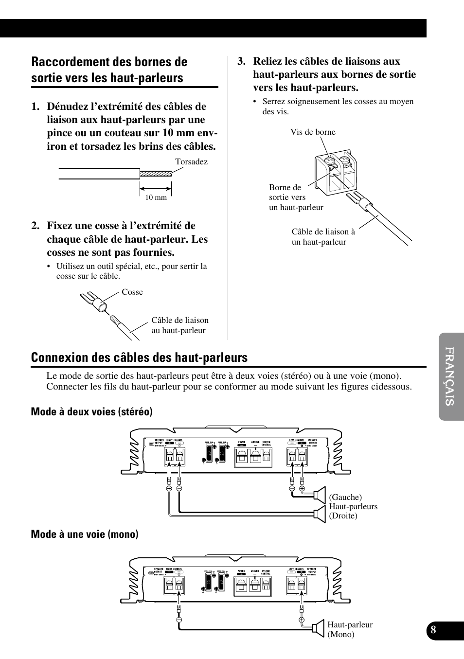Raccordement des bornes de sortie vers les, Haut-parleurs, Connexion des câbles des haut-parleurs | Pioneer PRS-A500 User Manual | Page 39 / 62