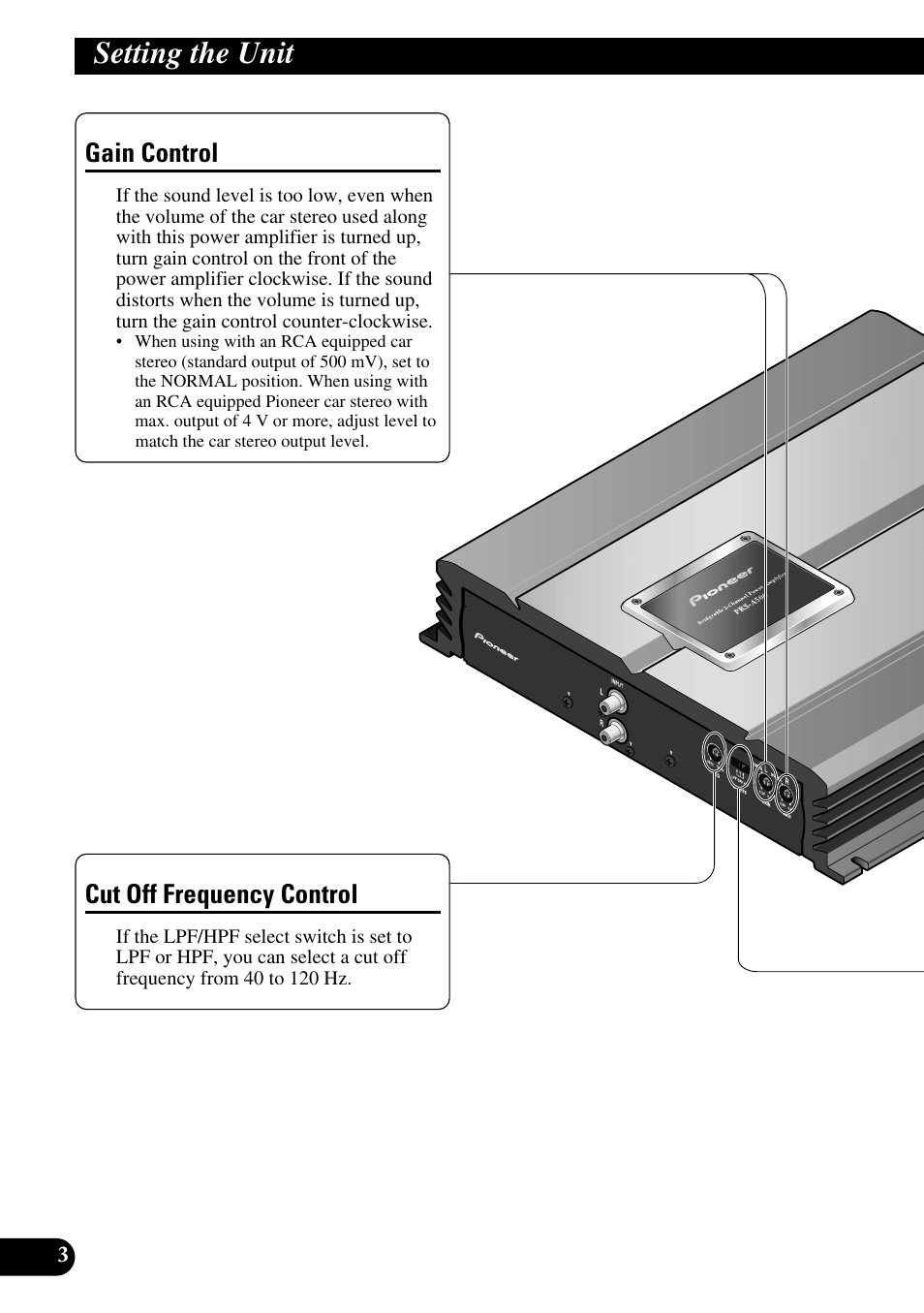 Setting the unit, Gain control cut off frequency control, Gain control | Cut off frequency control | Pioneer PRS-A500 User Manual | Page 4 / 62
