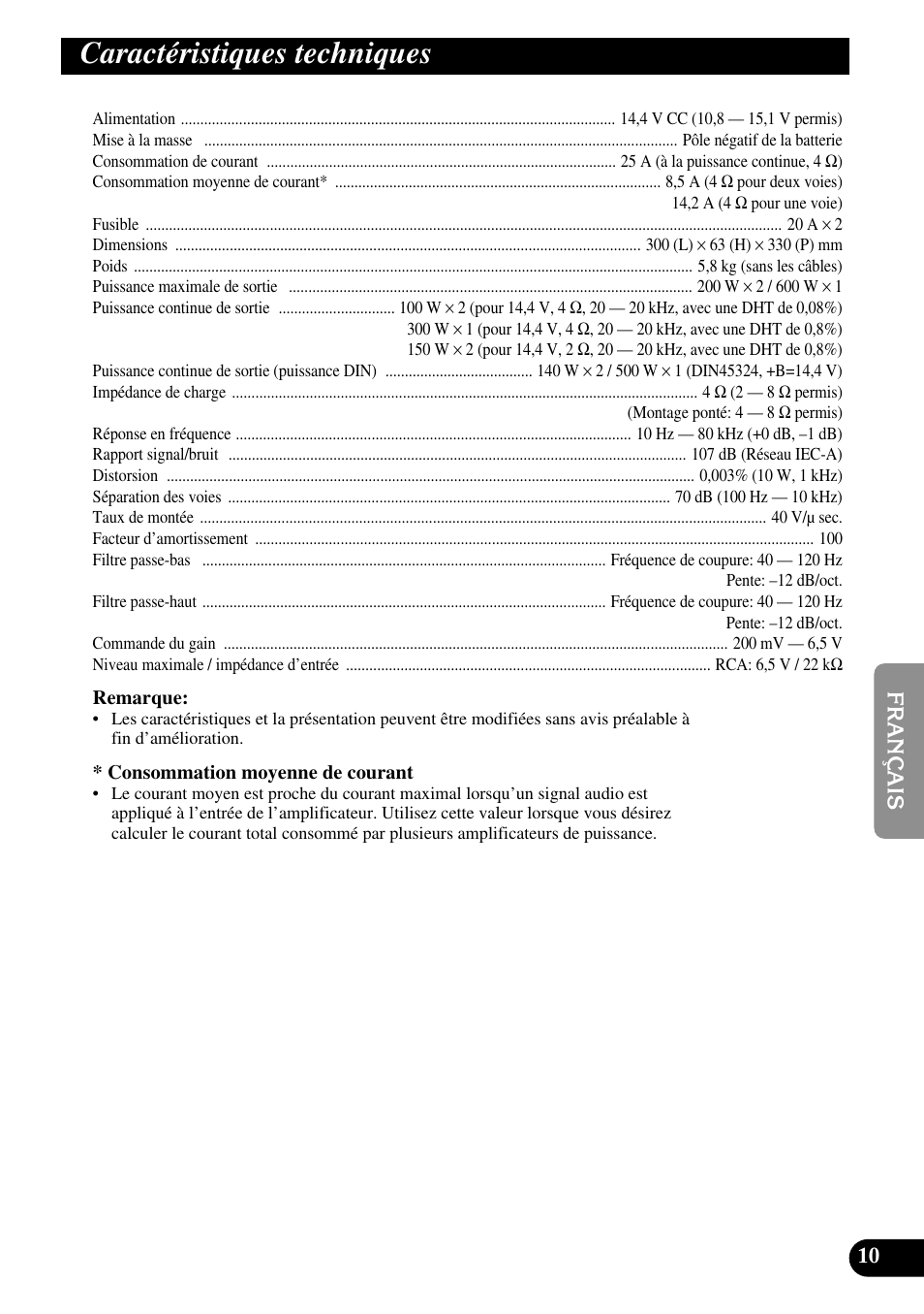 Caractéristiques techniques | Pioneer PRS-A500 User Manual | Page 41 / 62