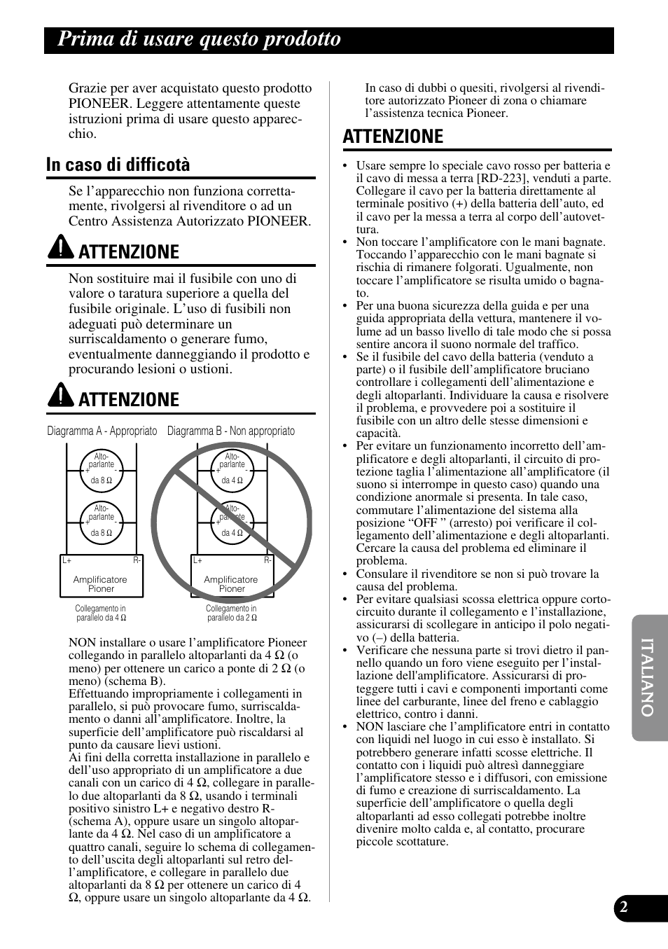 Prima di usare questo prodotto, Attenzione | Pioneer PRS-A500 User Manual | Page 43 / 62