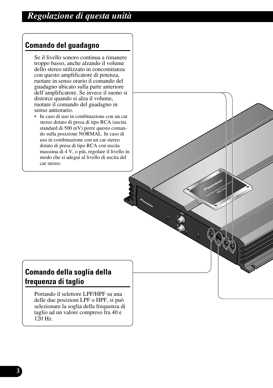 Regolazione di questa unità, Di taglio, Comando del guadagno | Comando della soglia della frequenza di taglio | Pioneer PRS-A500 User Manual | Page 44 / 62