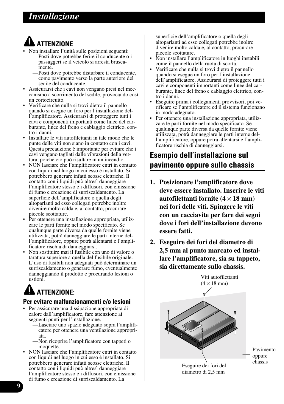 Installazione, Esempio dell’installazione sul pavimento, Oppure sullo chassis | Pioneer PRS-A500 User Manual | Page 50 / 62