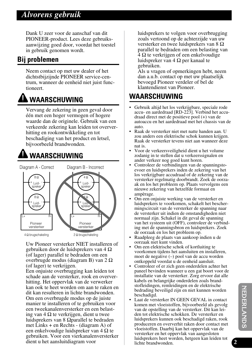 Alvorens gebruik, Bij problemen, Waarschuwing | Pioneer PRS-A500 User Manual | Page 53 / 62