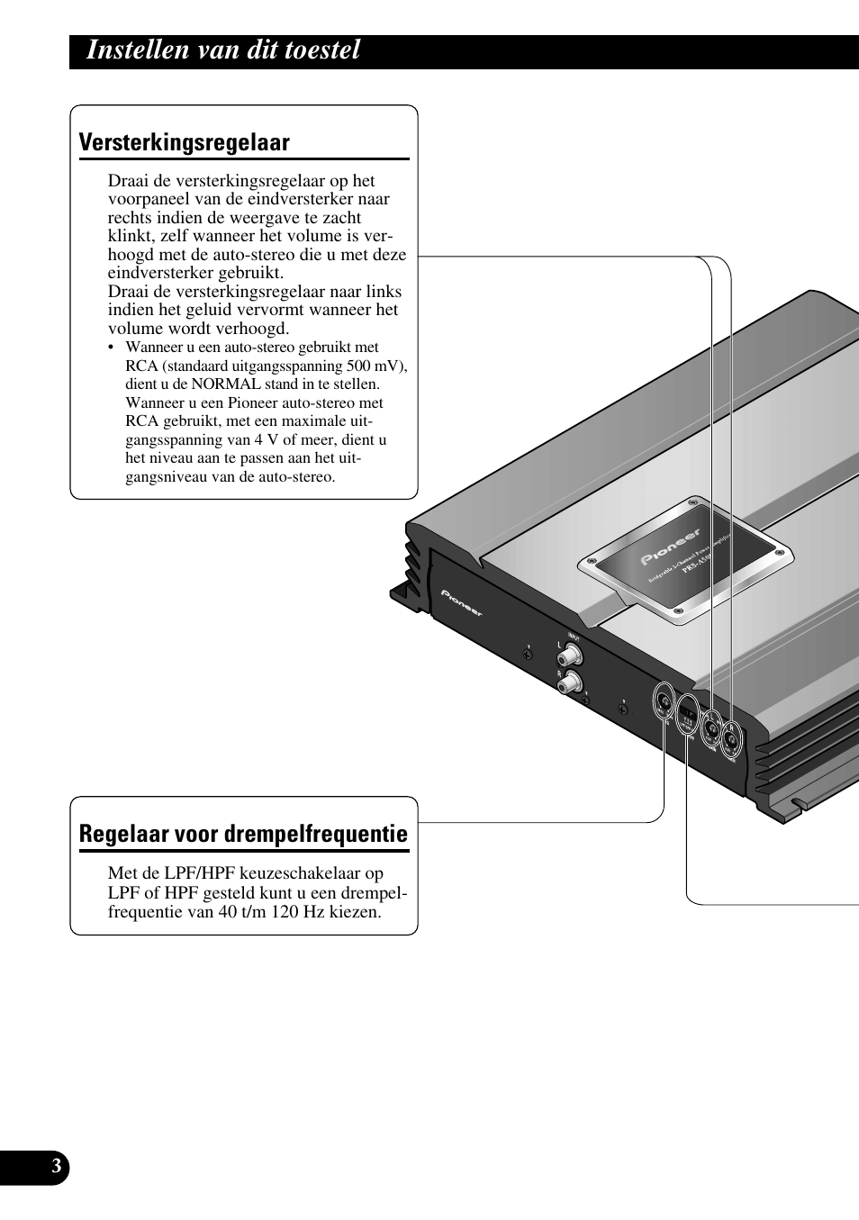 Instellen van dit toestel, Versterkingsregelaar, Regelaar voor drempelfrequentie | Pioneer PRS-A500 User Manual | Page 54 / 62