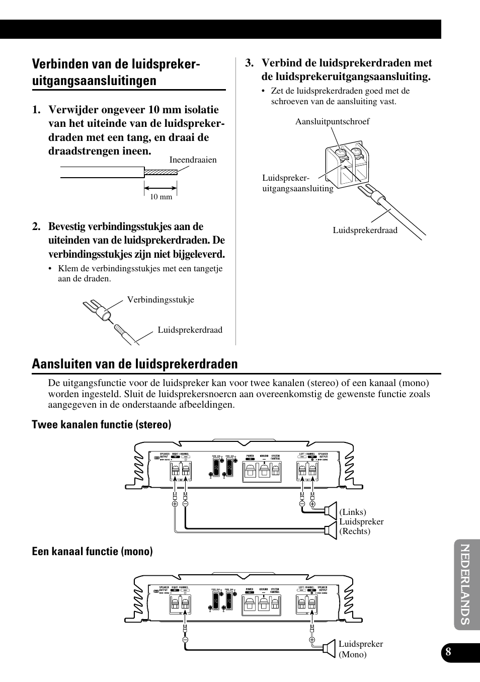 Verbinden van de luidspreker, Uitgangsaansluitingen, Aansluiten van de luidsprekerdraden | Pioneer PRS-A500 User Manual | Page 59 / 62
