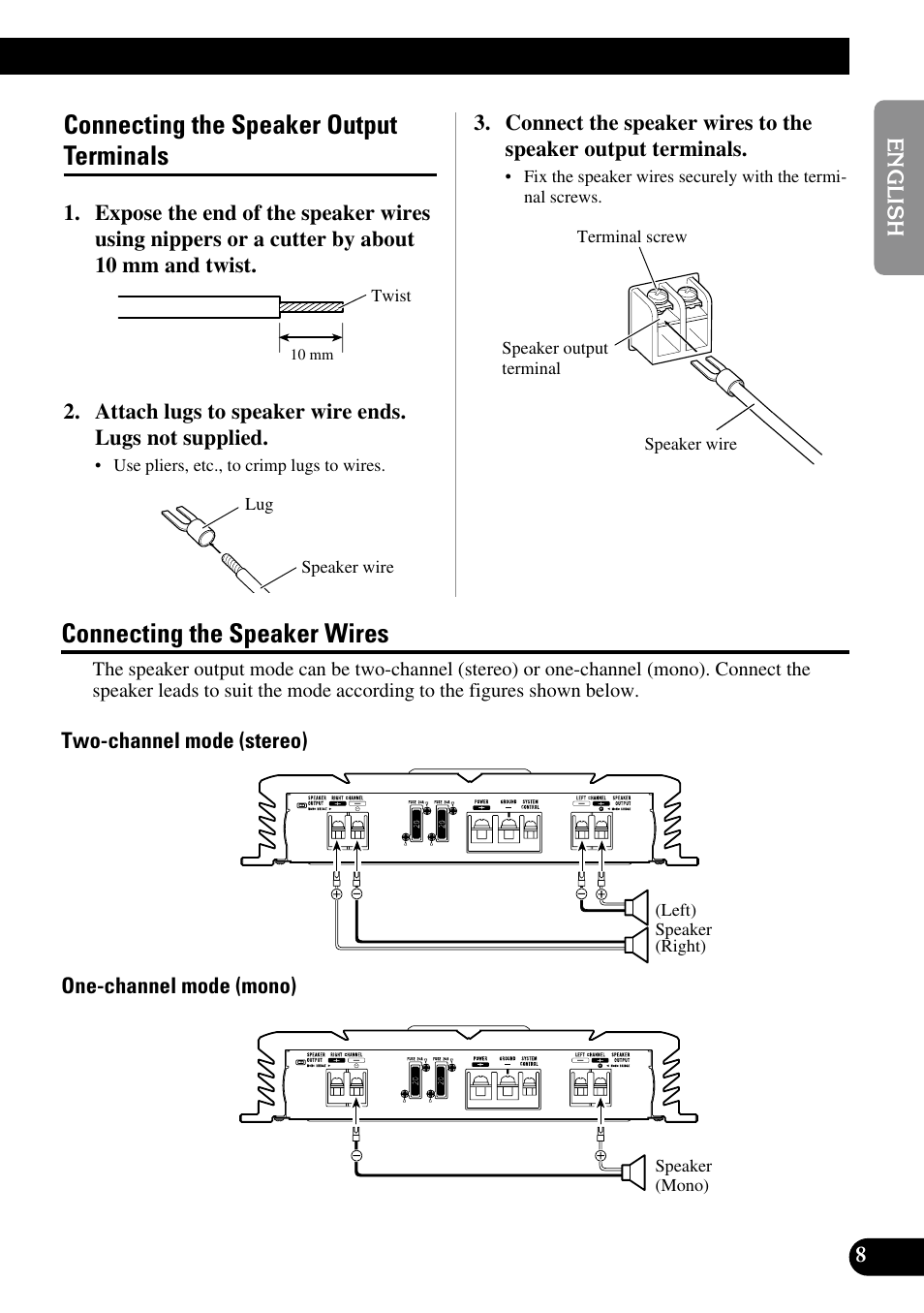 Connecting the speaker output terminals, Connecting the speaker wires | Pioneer PRS-A500 User Manual | Page 9 / 62