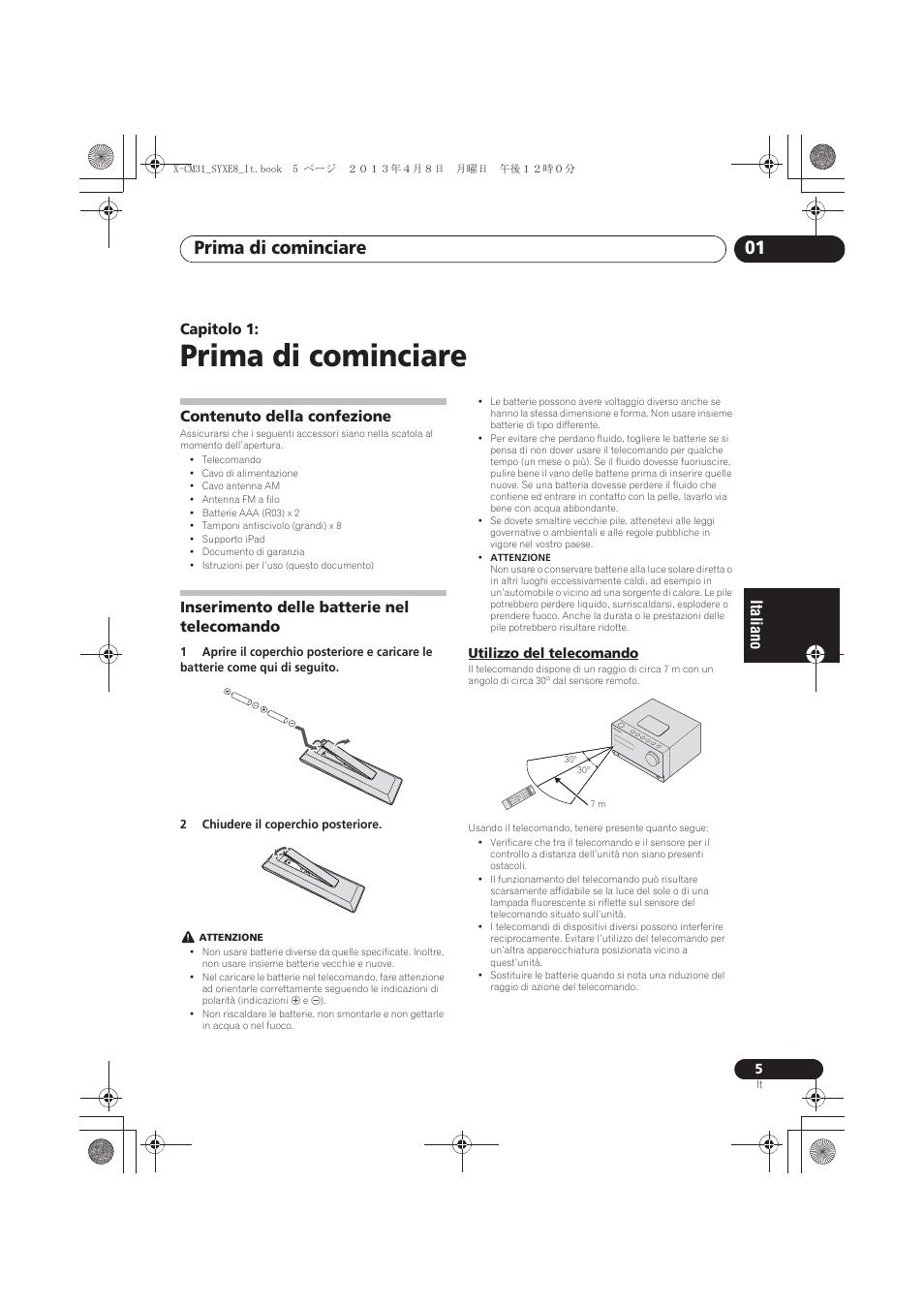 Prima di cominciare, Contenuto della confezione, Inserimento delle batterie nel telecomando | Utilizzo del telecomando, 01 prima di cominciare, Prima di cominciare 01 | Pioneer X-CM31-W User Manual | Page 101 / 228