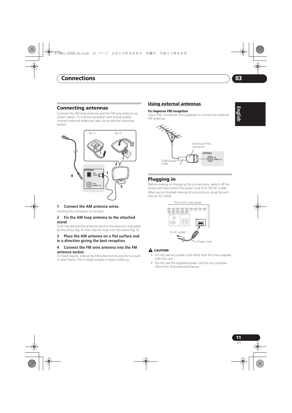 Connecting antennas, Using external antennas, Plugging in | Connections 03, English français español | Pioneer X-CM31-W User Manual | Page 11 / 228